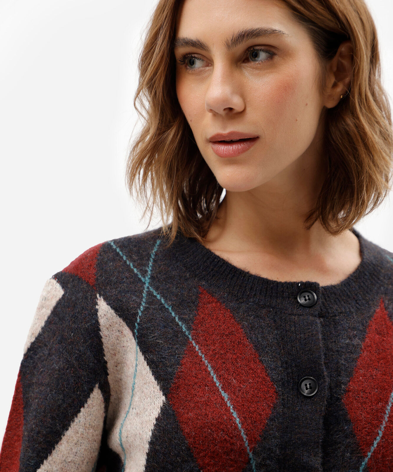 cardigan feminino de tricot xadrez argyle azul