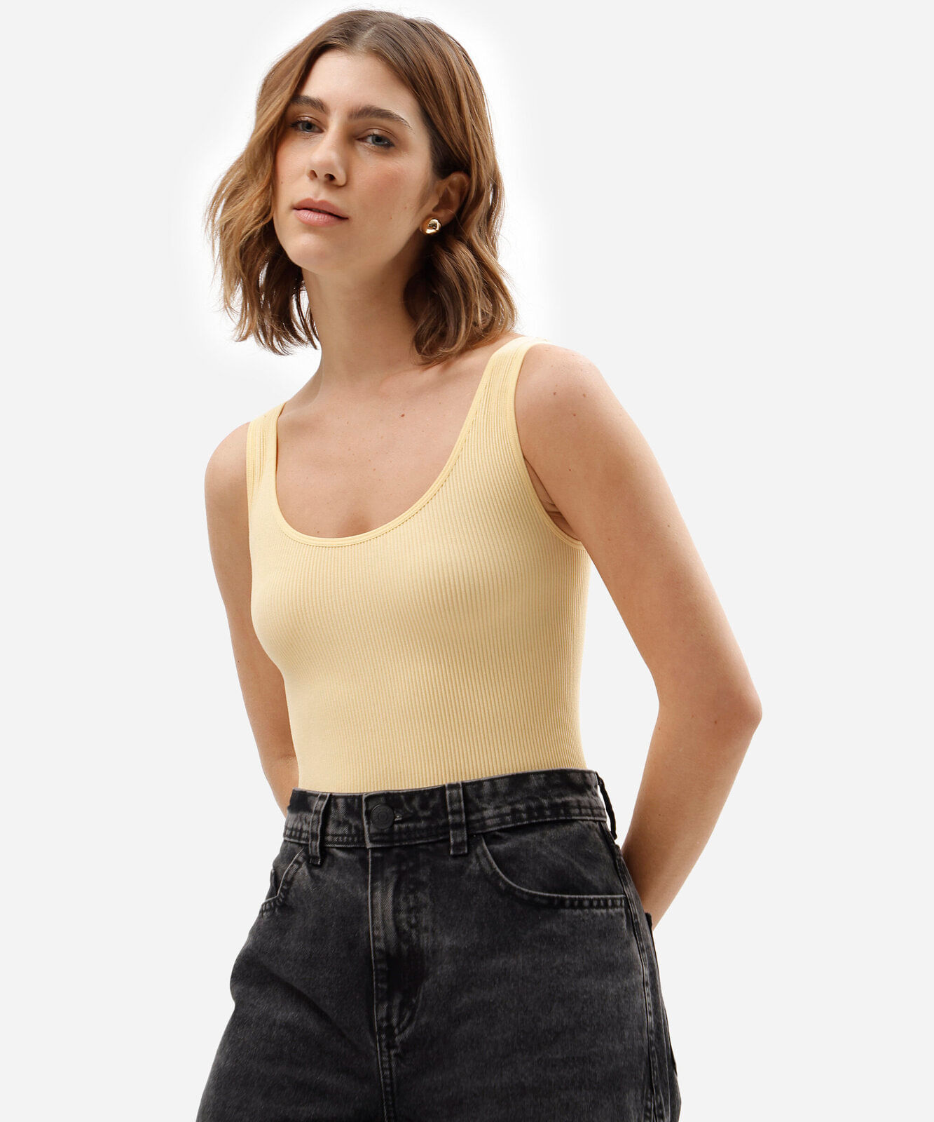 body básico feminino de poliamida canelado amarelo