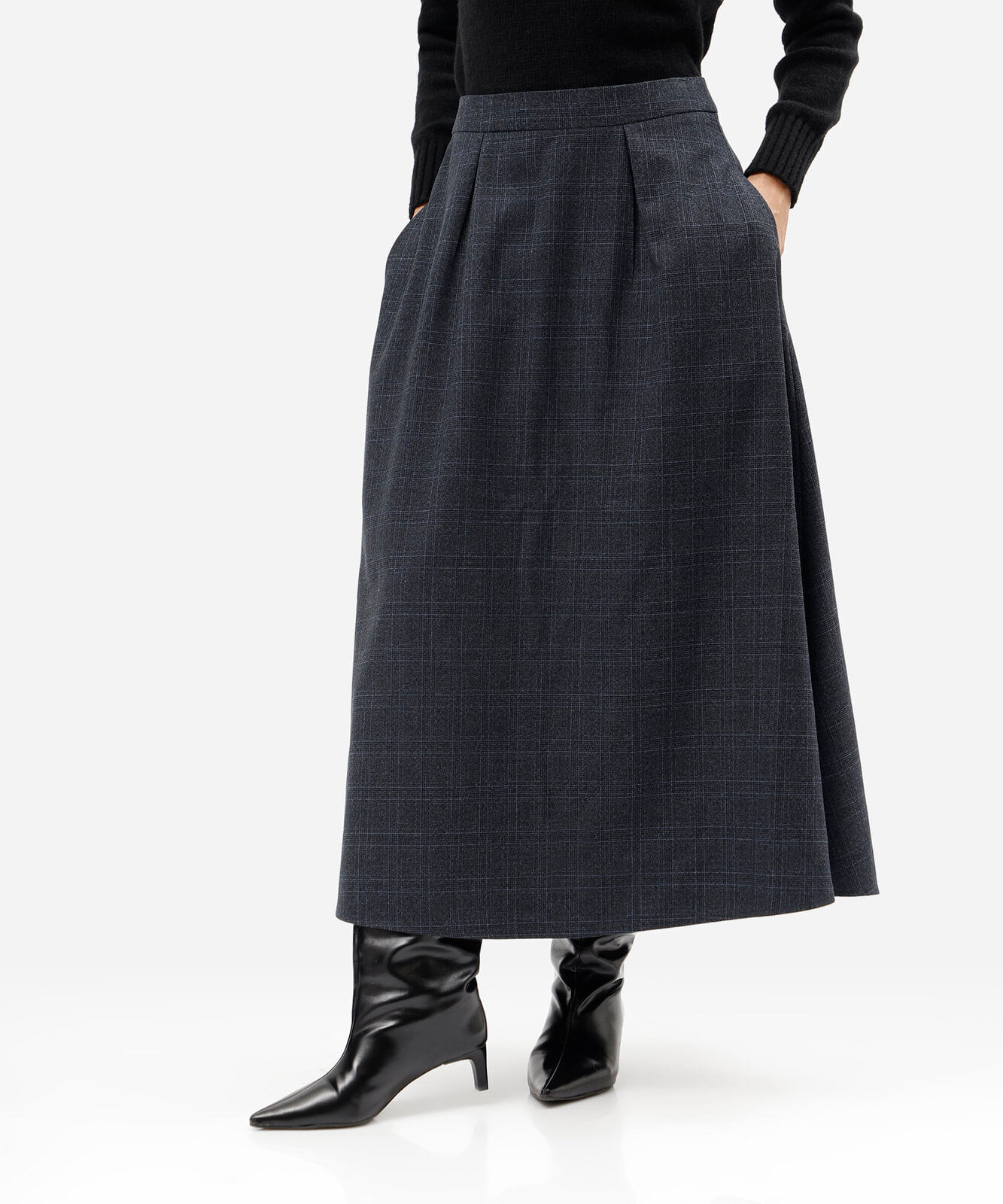 saia midi evasê feminina pregas xadrez azul