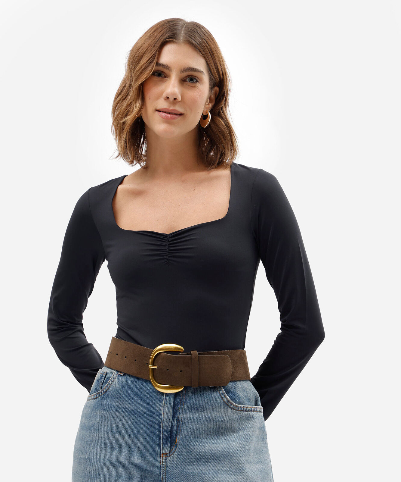 body feminino de poliamida manga longa com franzido preto