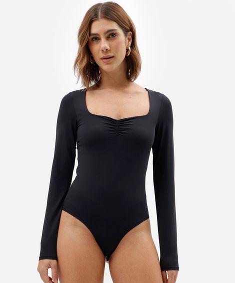 body feminino de poliamida manga longa com franzido preto