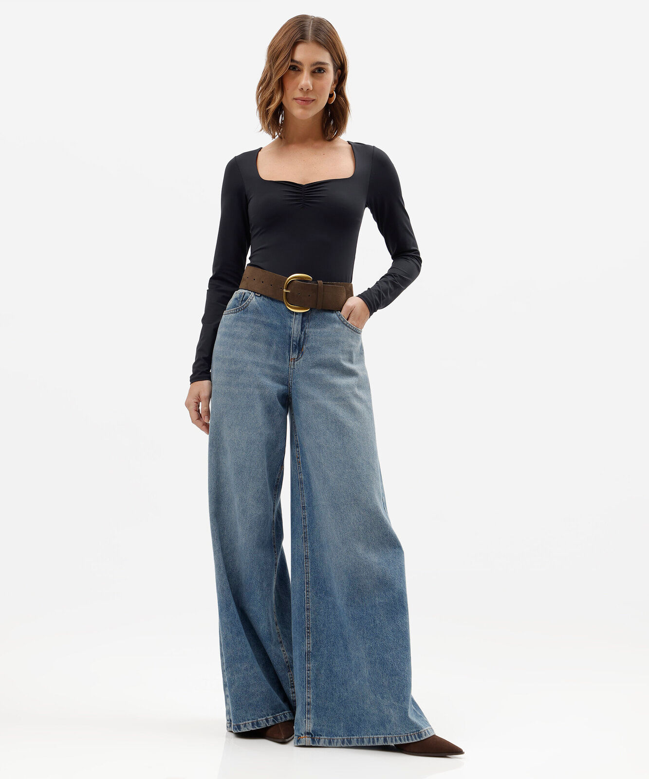 body feminino de poliamida manga longa com franzido preto