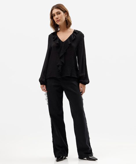 calça wide leg slim feminina jeans com renda cintura alta preta