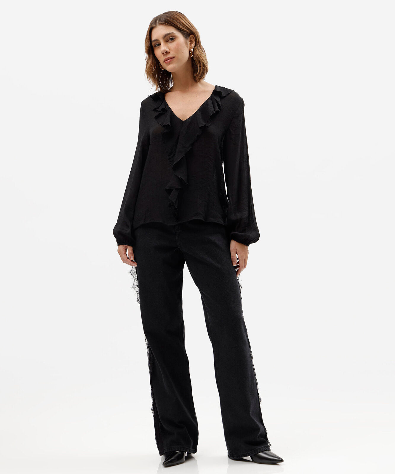 calça wide leg slim feminina jeans com renda cintura alta preta