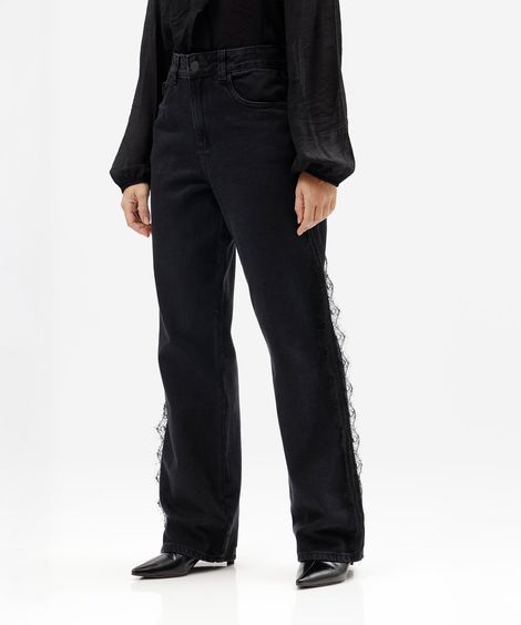 calça wide leg slim feminina jeans com renda cintura alta preta