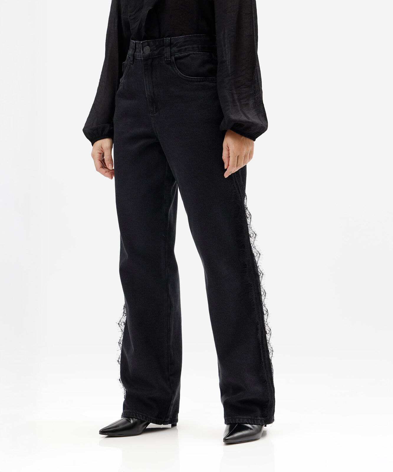 calça wide leg slim feminina jeans com renda cintura alta preta