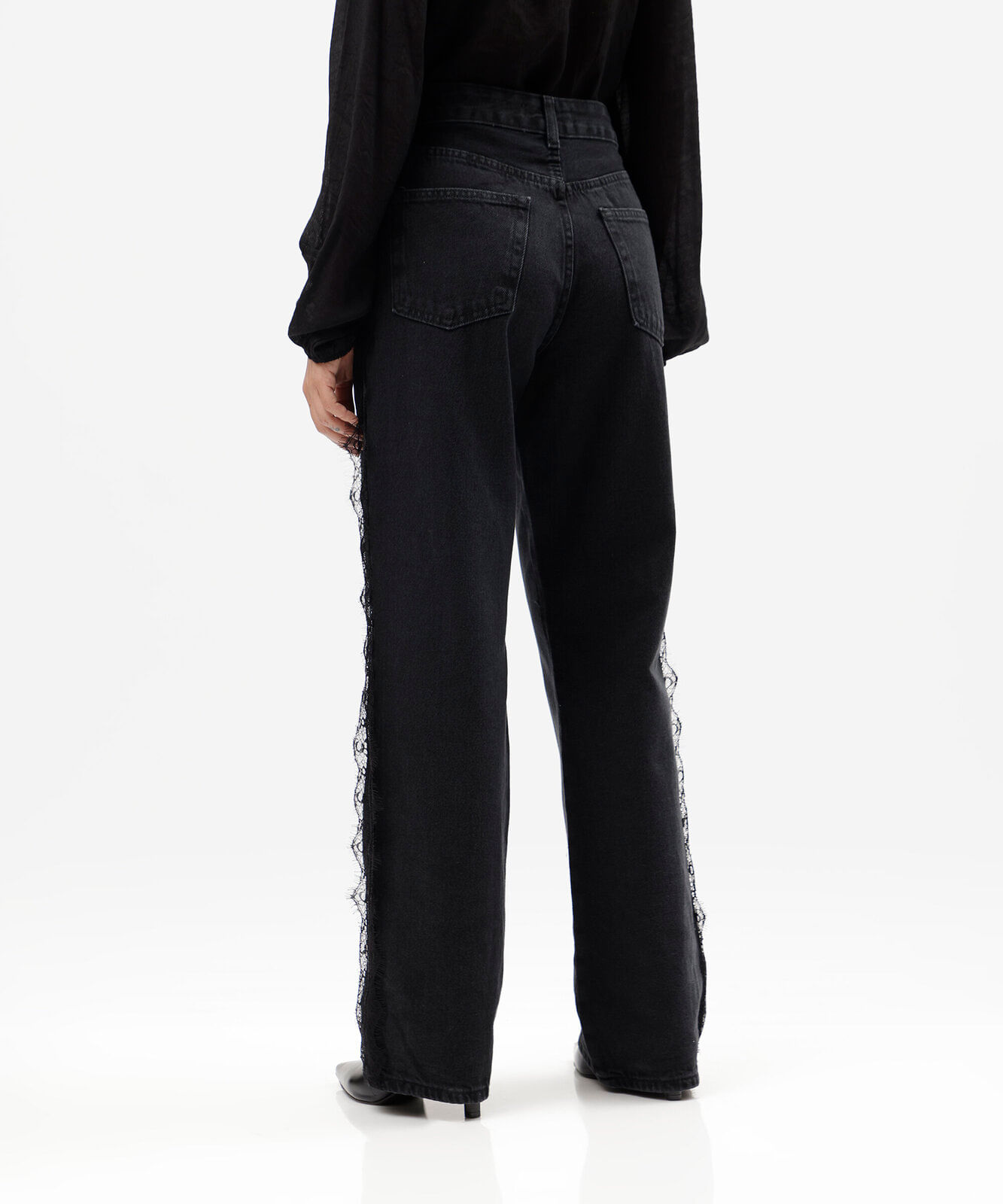 calça wide leg slim feminina jeans com renda cintura alta preta