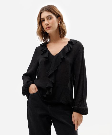 bata feminina  com viscose e babados preta