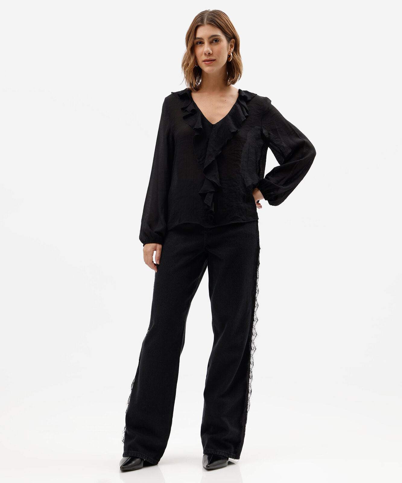 bata feminina  com viscose e babados preta