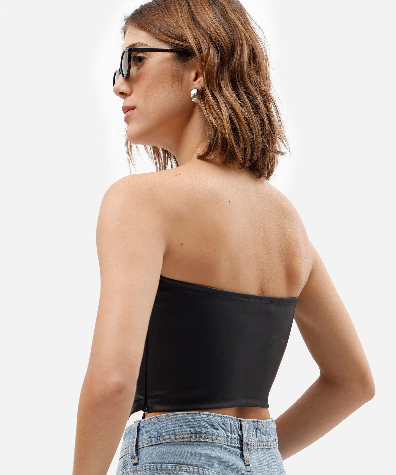 top cropped corset feminino de pu sem alça preto