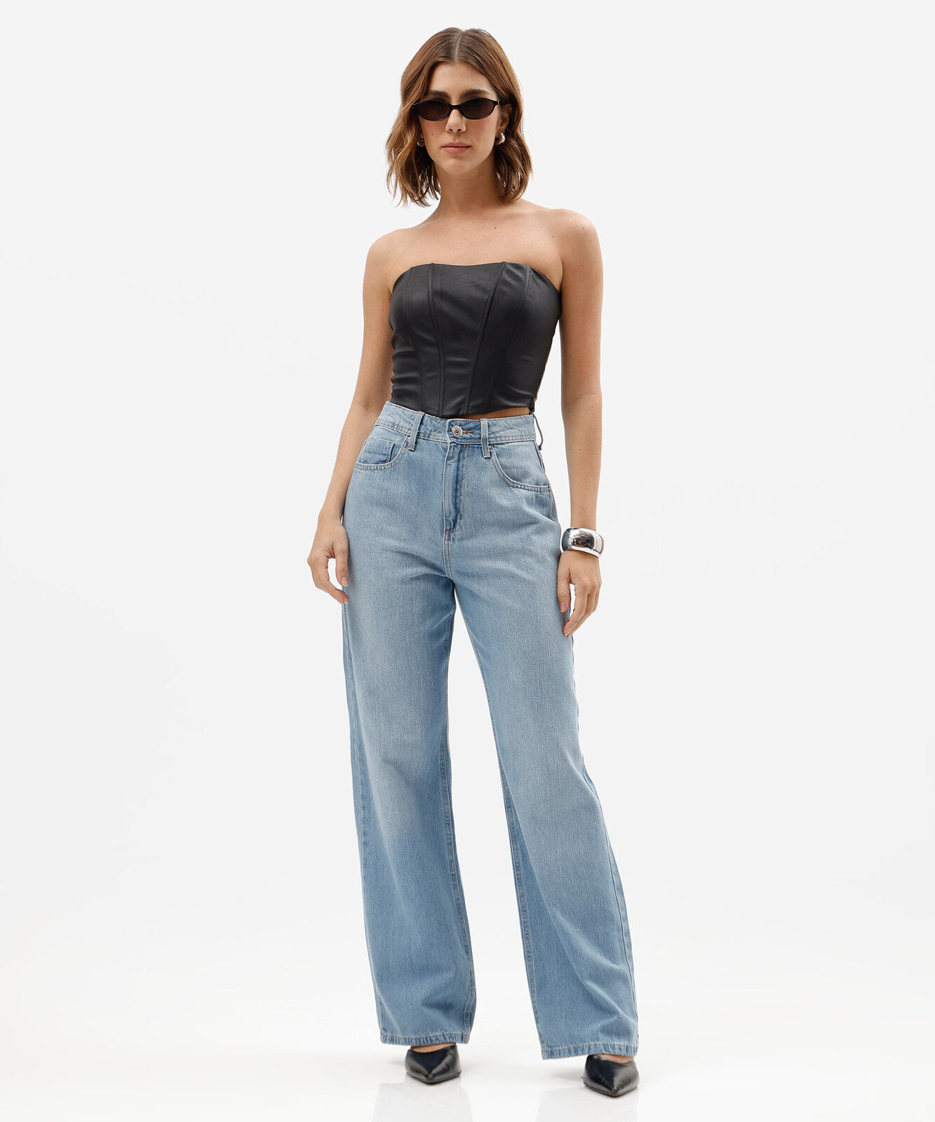 top cropped corset feminino de pu sem alça preto