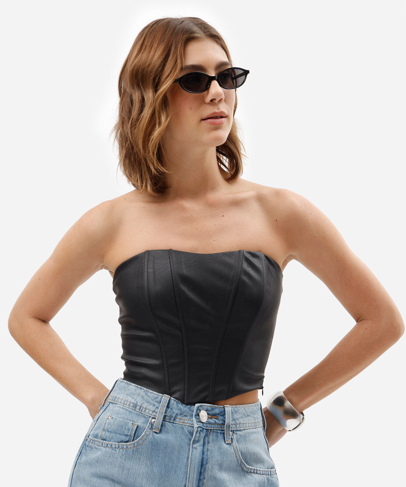 top cropped corset feminino de pu sem alça preto