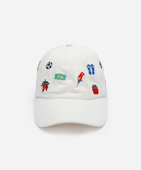 boné aba curva de sarja com bordados branco