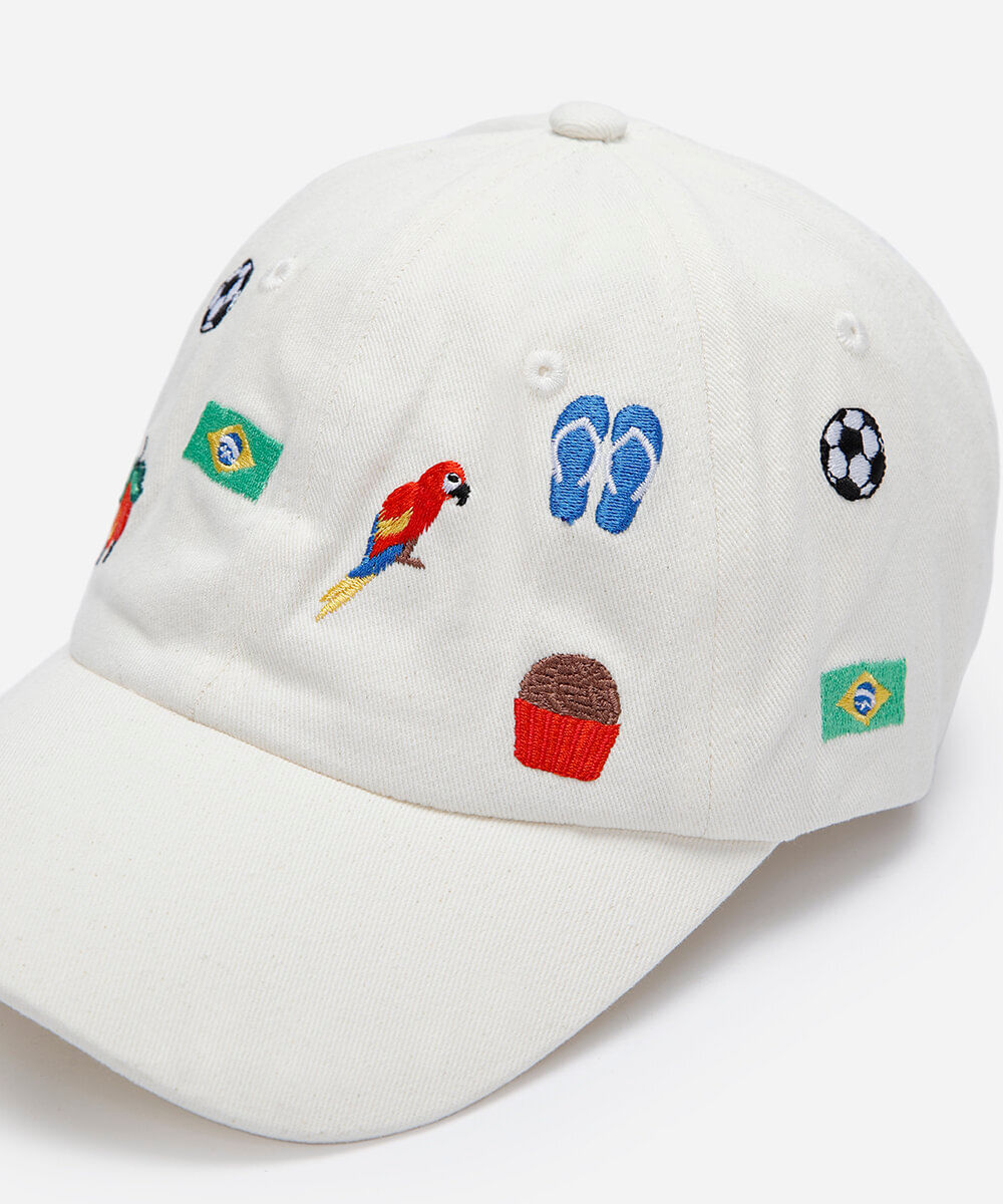 boné aba curva de sarja com bordados branco