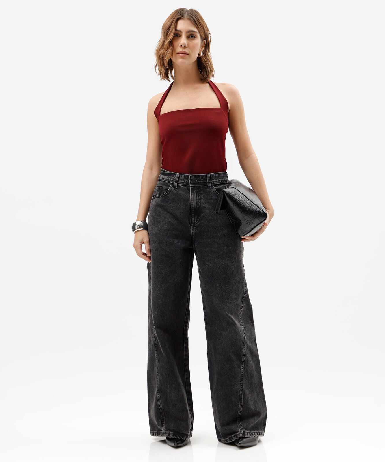 calça wide leg feminina jeans com recorte cintura média preta