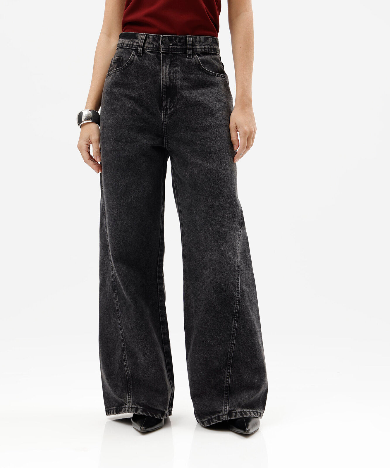 calça wide leg feminina jeans com recorte cintura média preta