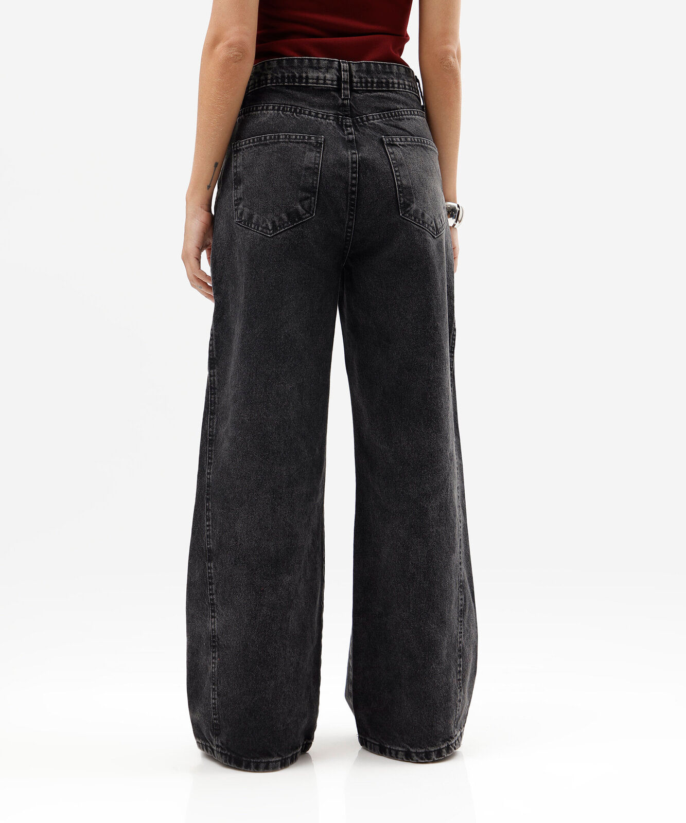 calça wide leg feminina jeans com recorte cintura média preta