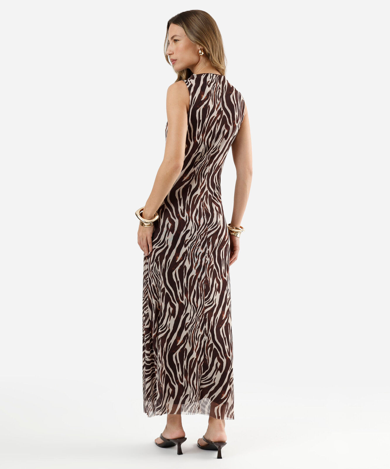 vestido midi feminino de tule com pregas animal print bege