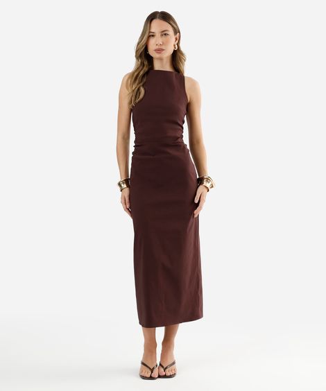 vestido midi feminino decote canoa com fenda vinho