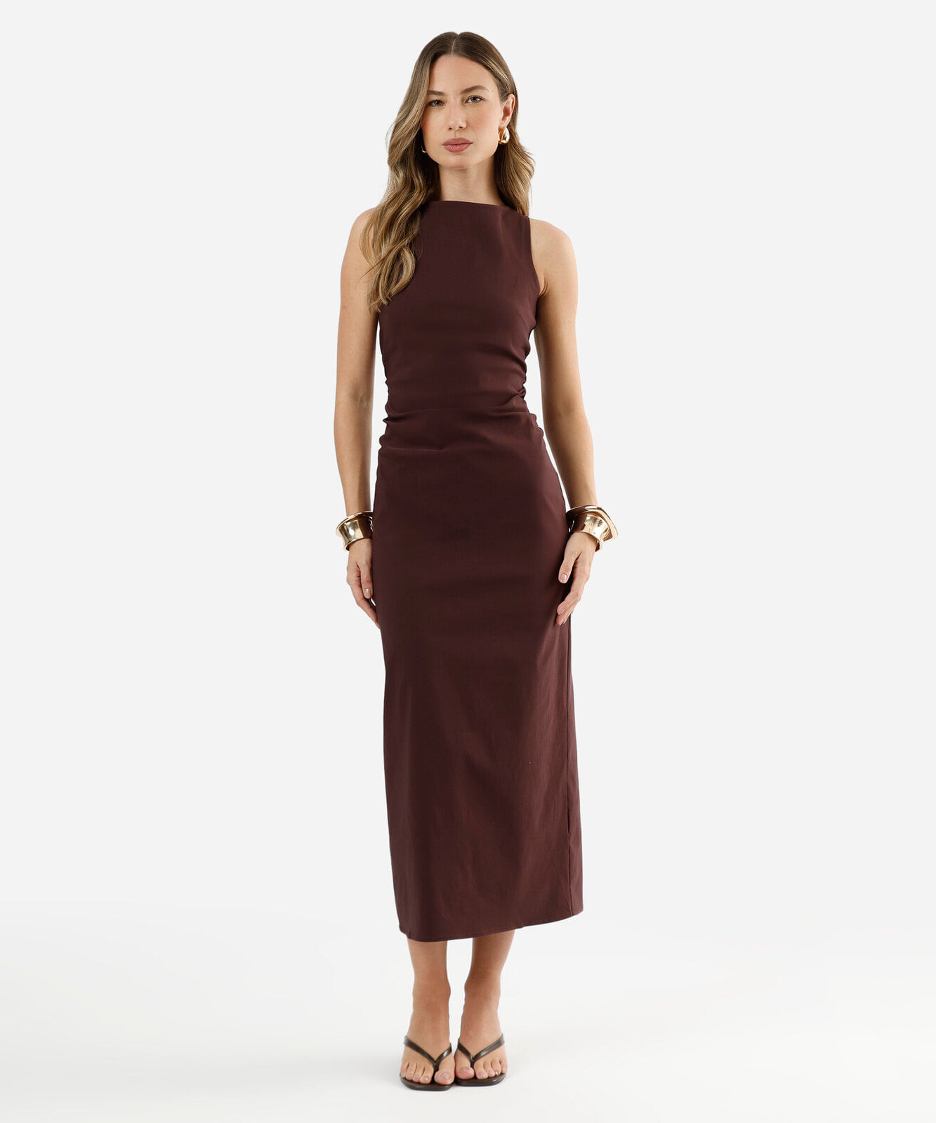 vestido midi feminino decote canoa com fenda vinho