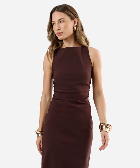 vestido midi feminino decote canoa com fenda vinho