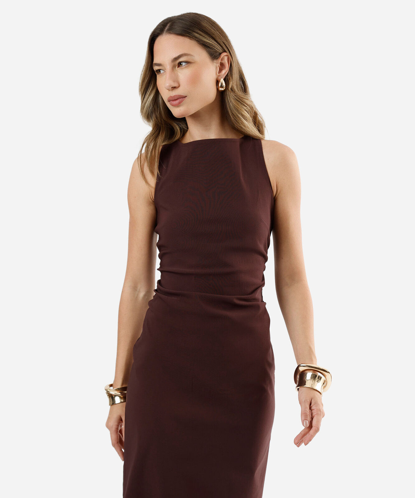 vestido midi feminino decote canoa com fenda vinho