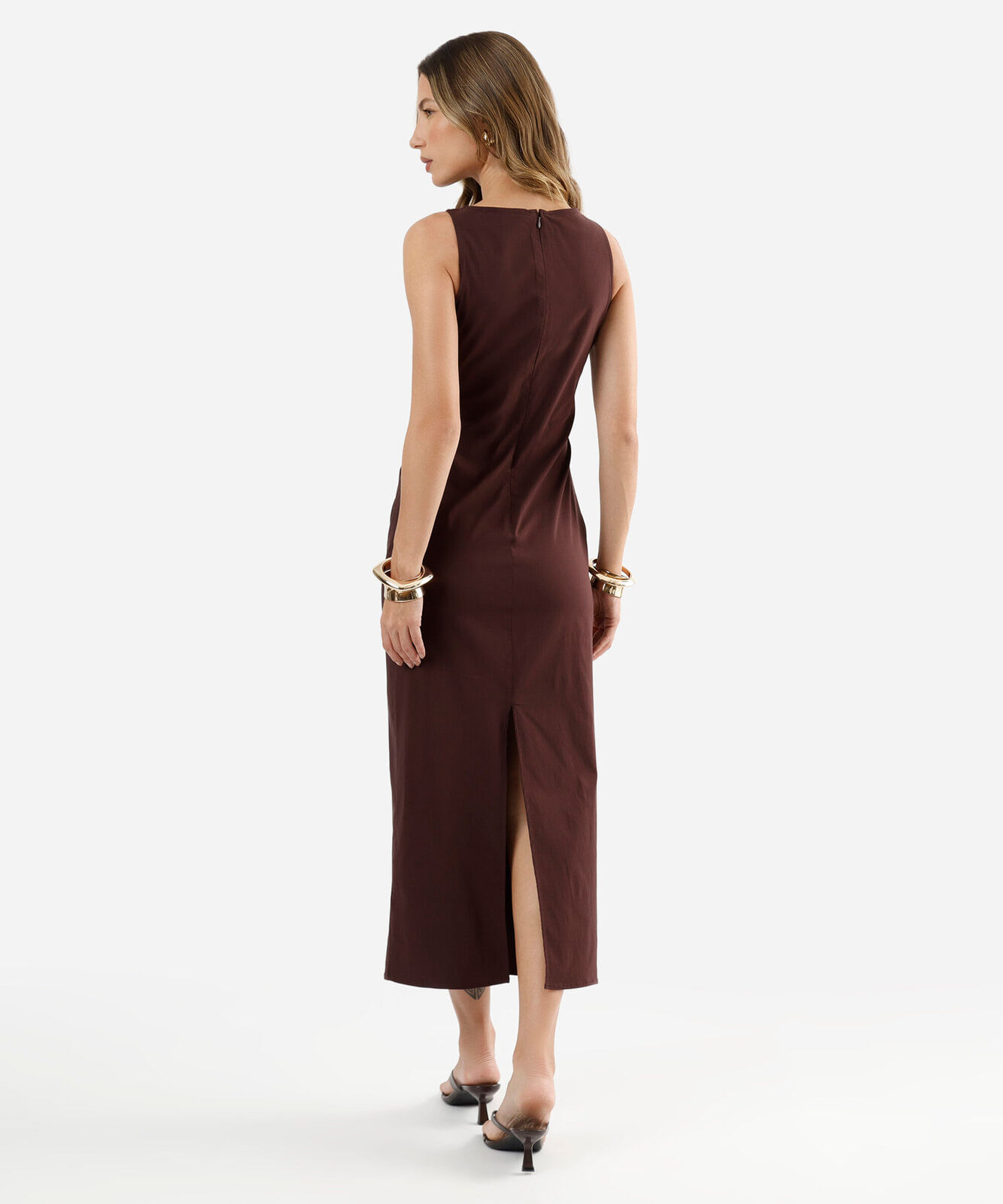vestido midi feminino decote canoa com fenda vinho