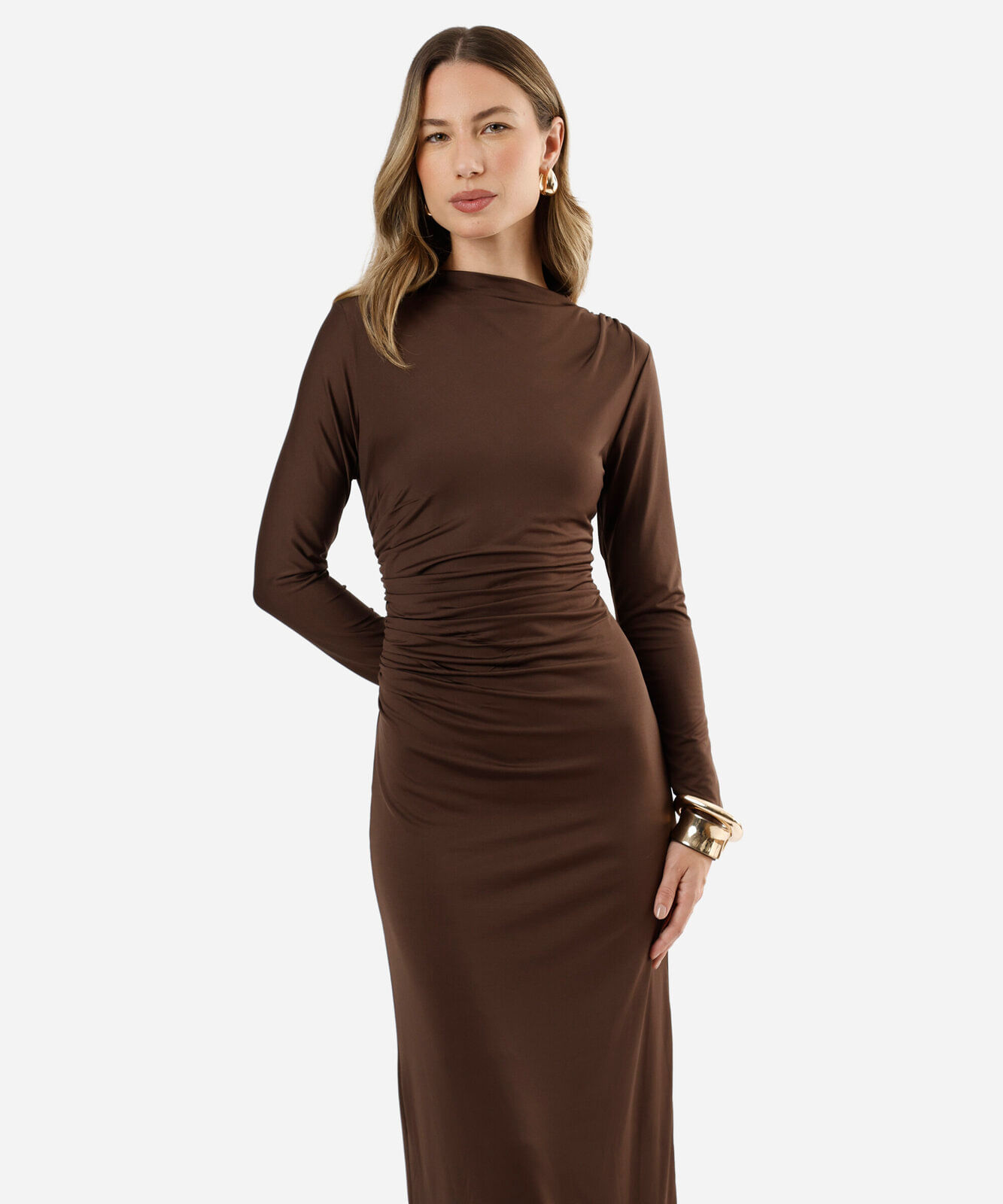 vestido midi feminino manga longa franzido marrom