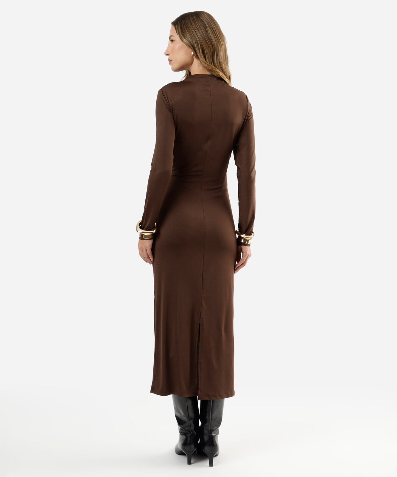 vestido midi feminino manga longa franzido marrom