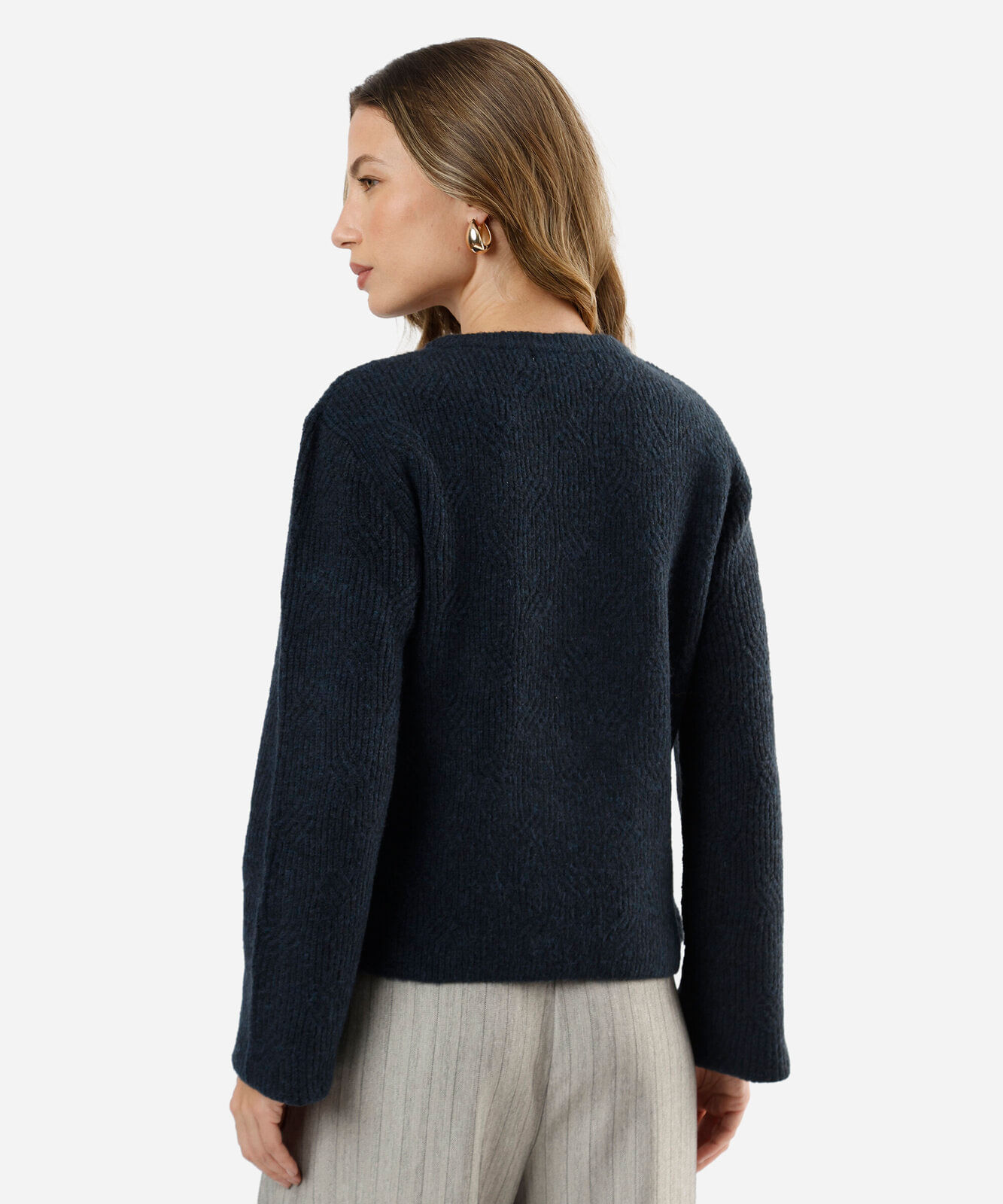 cardigan feminino de tricot com lã texturizado azul