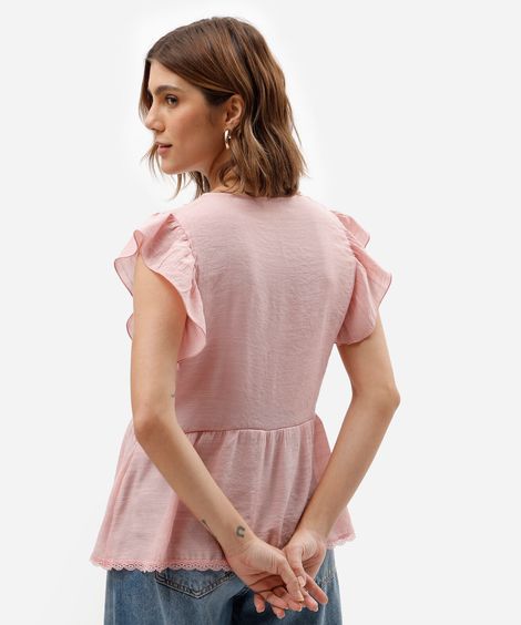 blusa feminina decote v com renda e babado rosa