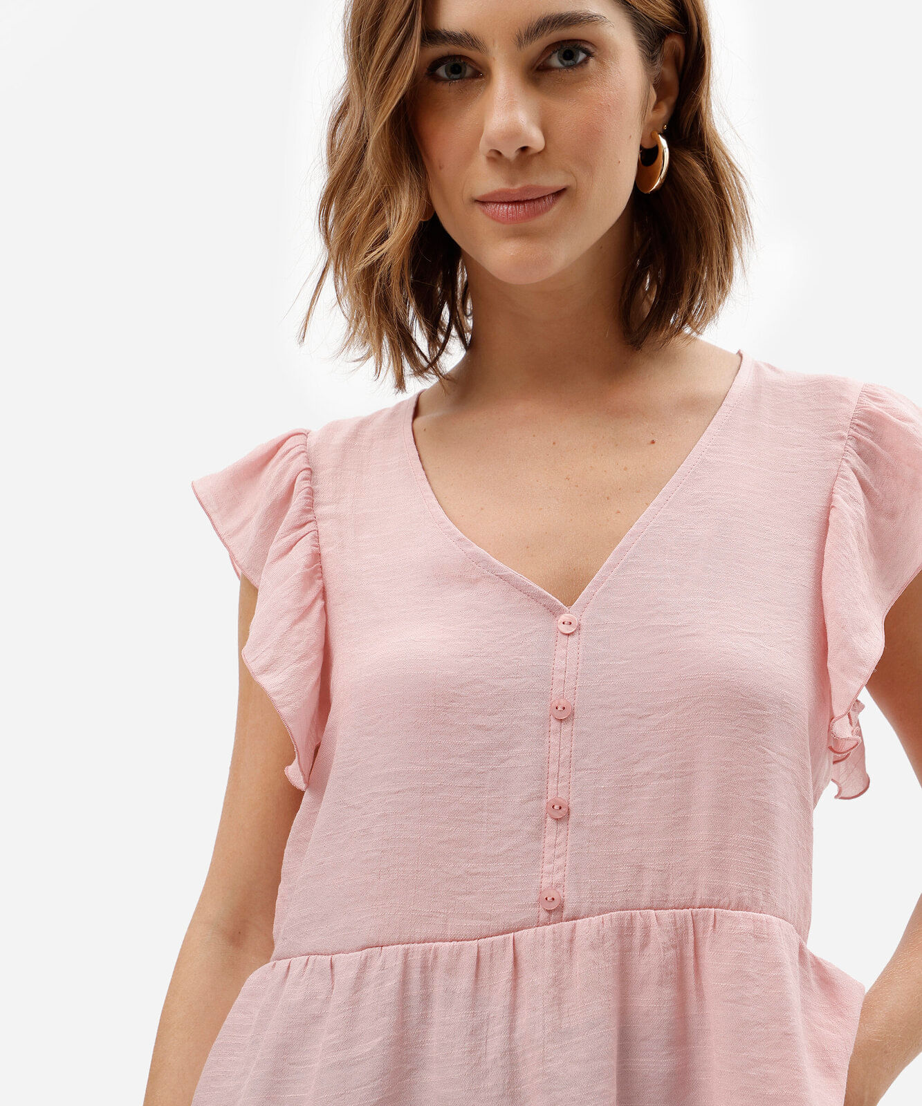 blusa feminina decote v com renda e babado rosa