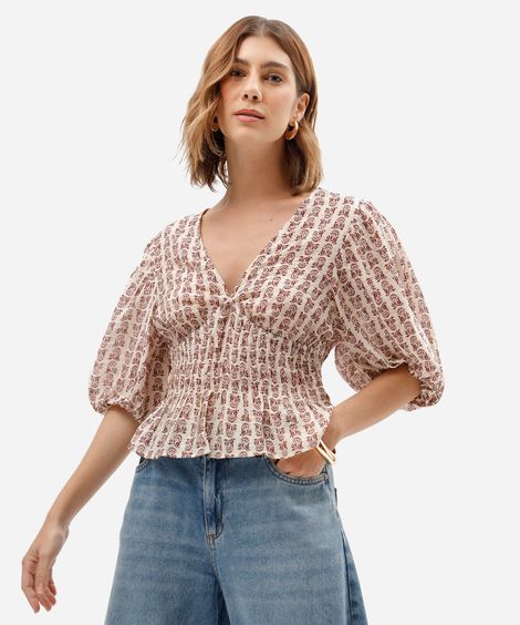 bata feminina com viscose decote v manga bufante floral bege