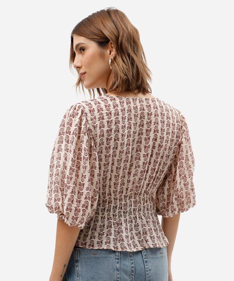 bata feminina com viscose decote v manga bufante floral bege