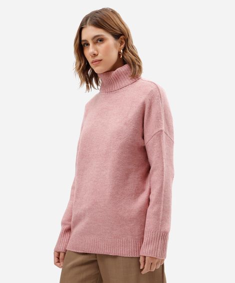 suéter básico feminino de tricot gola alta rosa