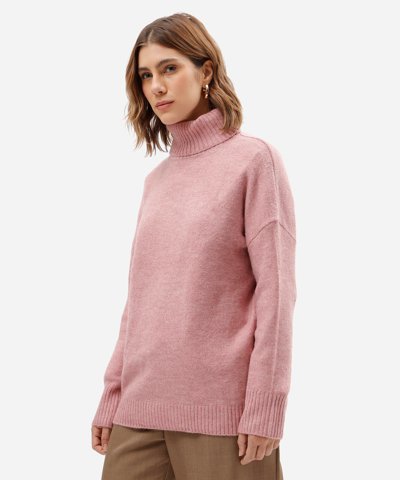 suéter básico feminino de tricot gola alta rosa
