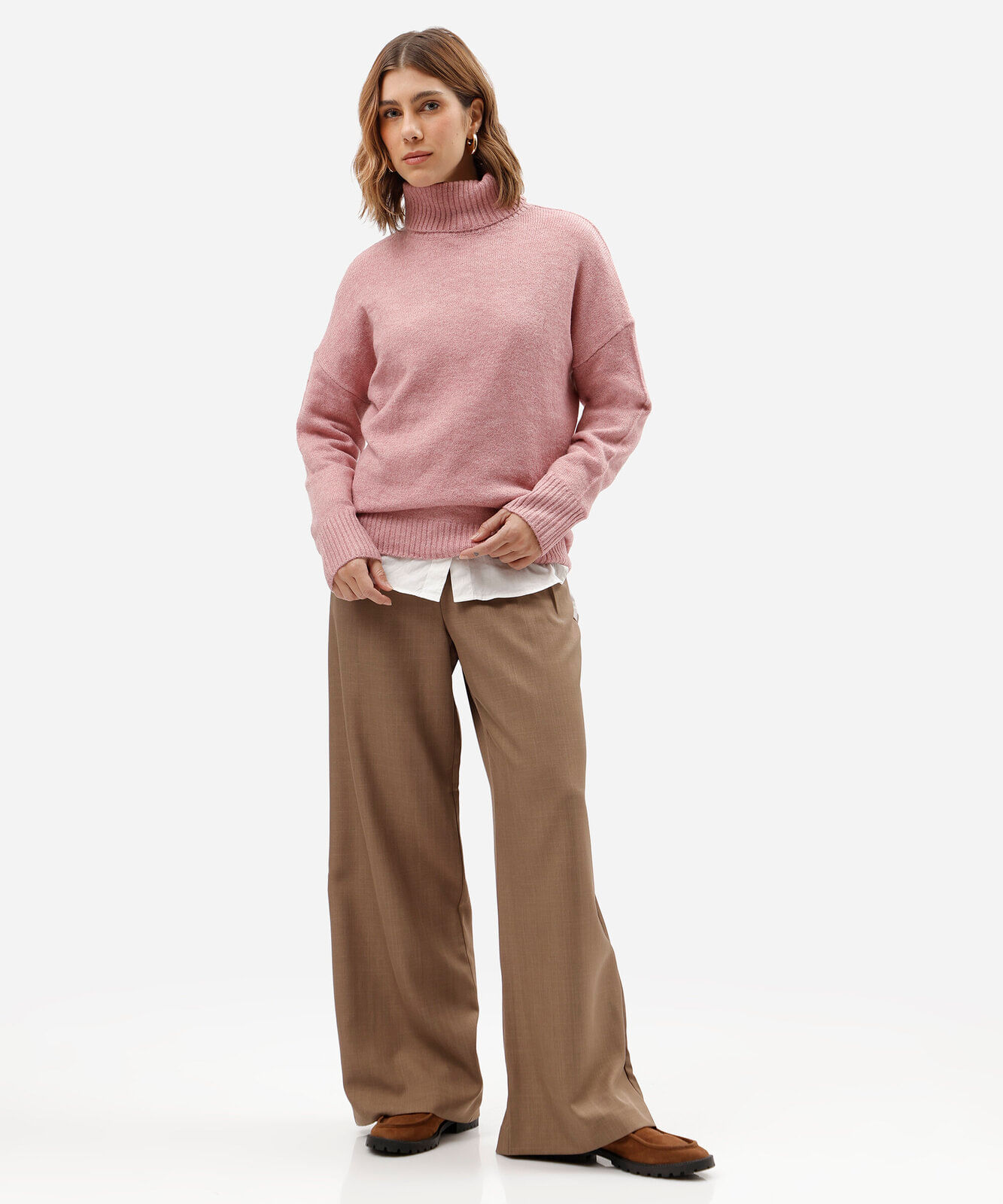 suéter básico feminino de tricot gola alta rosa