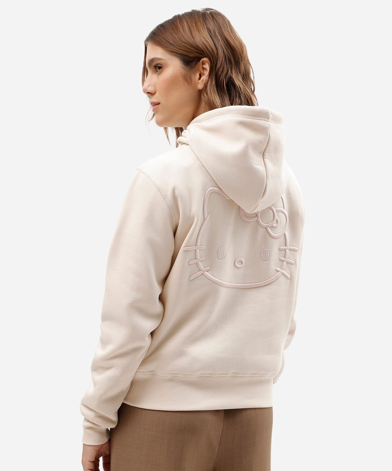 blusão feminino de moletom com capuz e bordado hello kitty bege