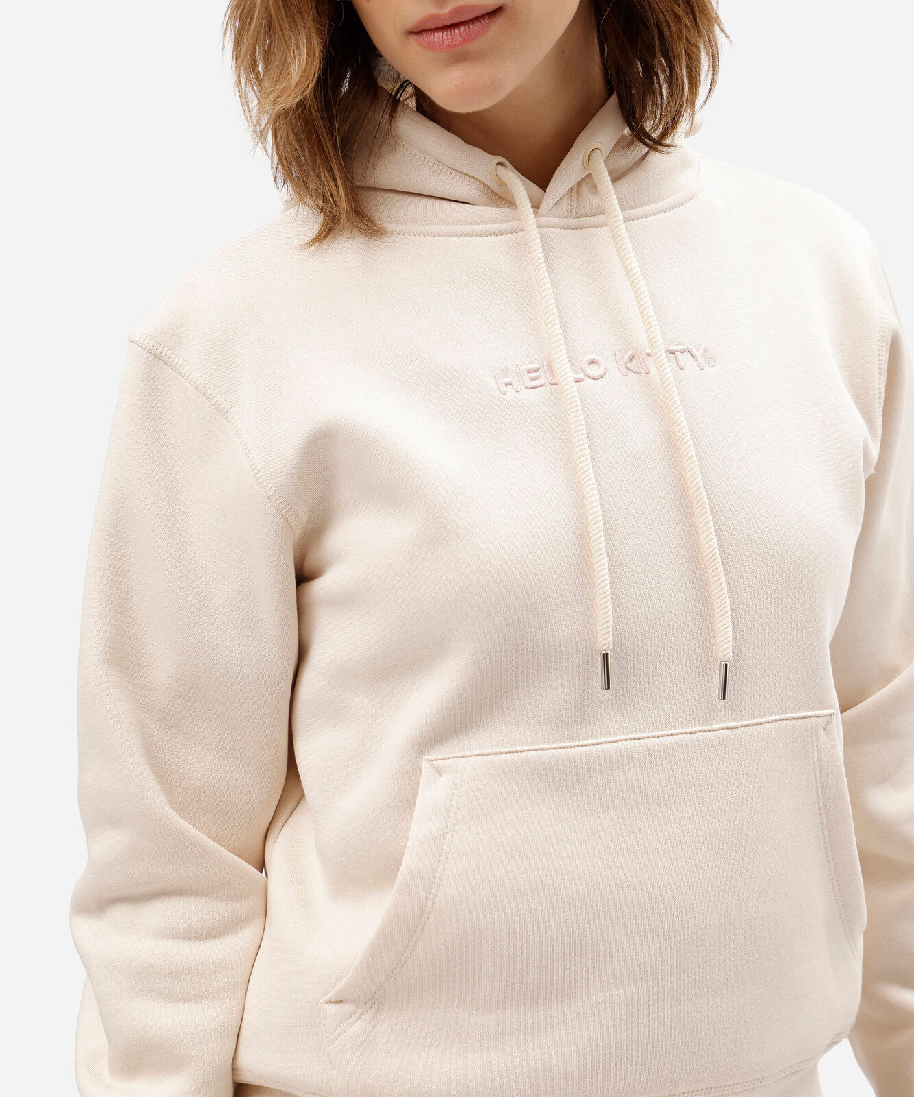 blusão feminino de moletom com capuz e bordado hello kitty bege