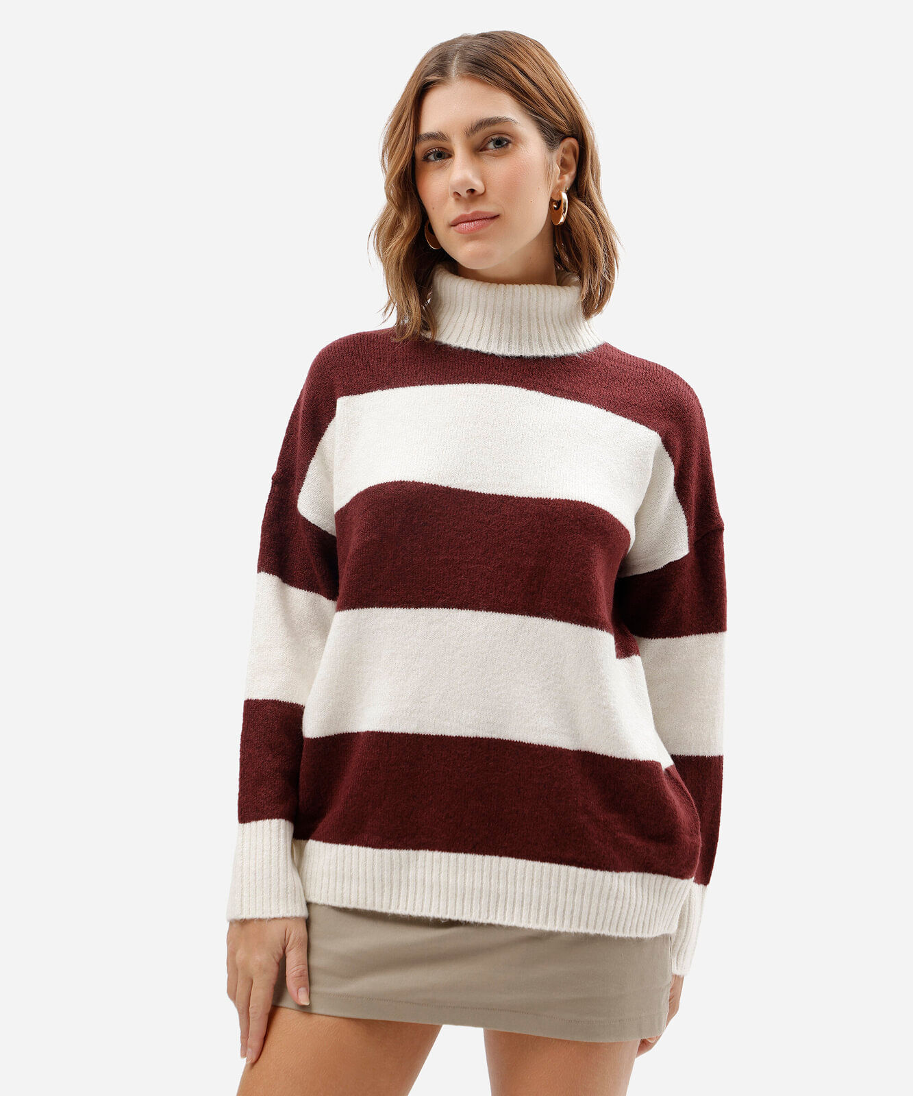 suéter feminino de tricot gola alta listrado off white
