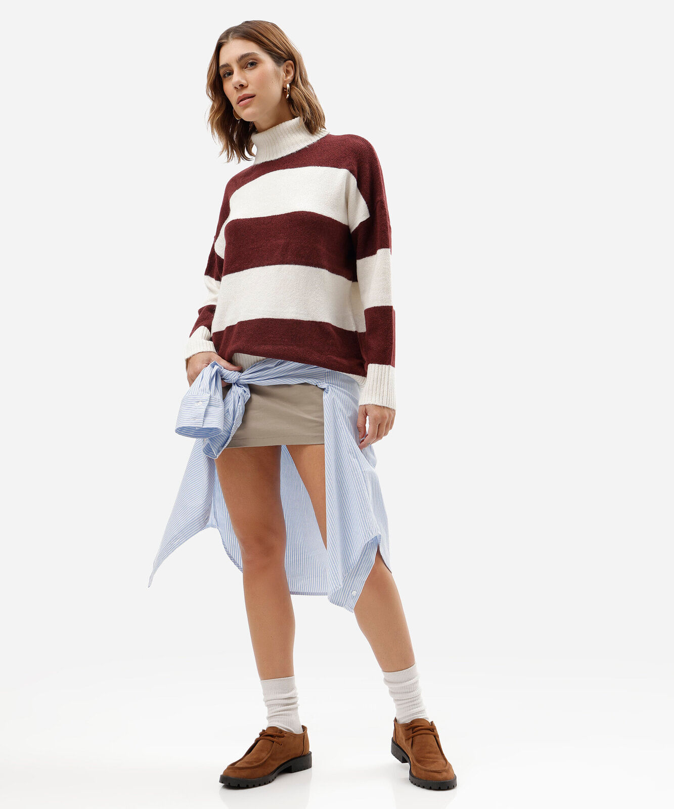 suéter feminino de tricot gola alta listrado off white