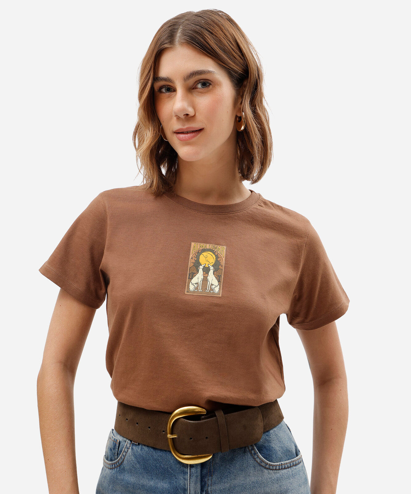 camiseta feminina de algodão manga curta estampada marrom