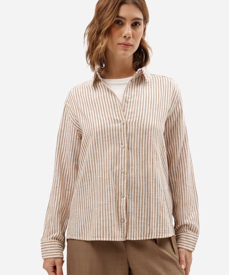 camisa feminina de algodão manga longa listrada bege