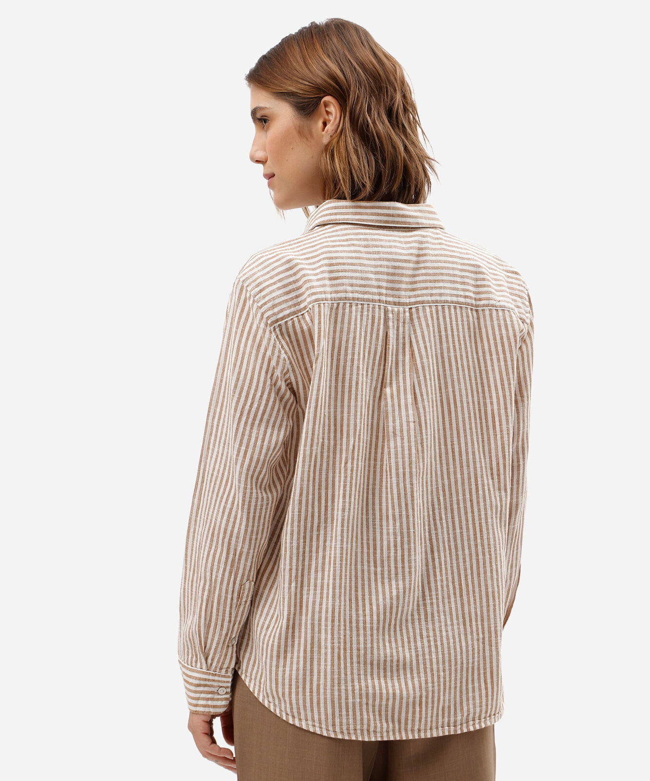camisa feminina de algodão manga longa listrada bege