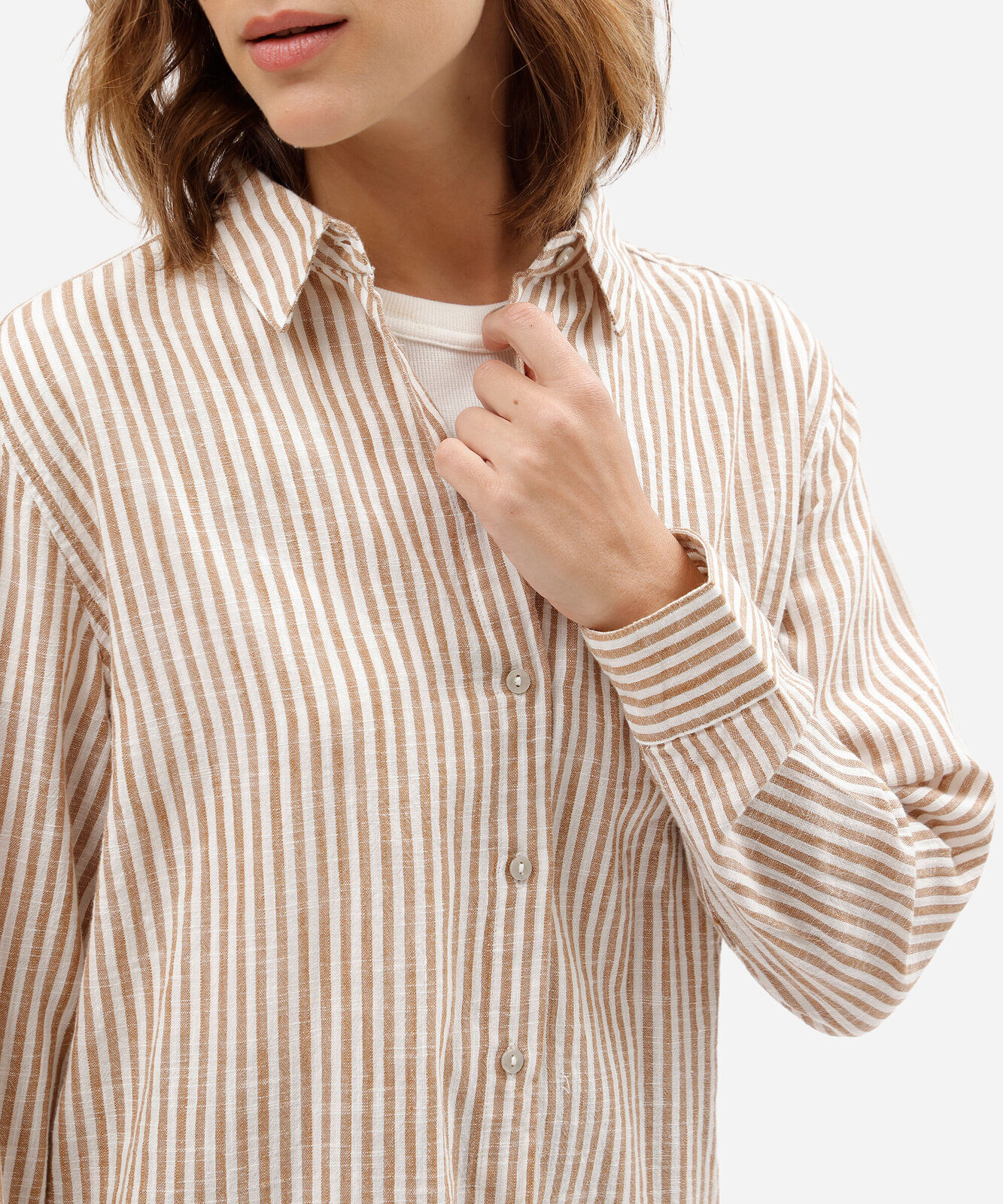 camisa feminina de algodão manga longa listrada bege