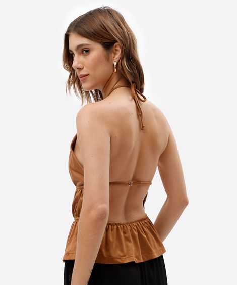 blusa frente única feminina de suede franzida marrom