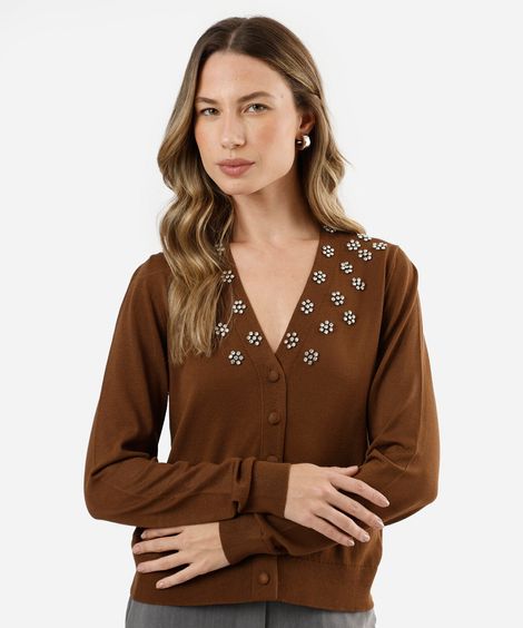cardigan feminino de tricot com brilhos marrom