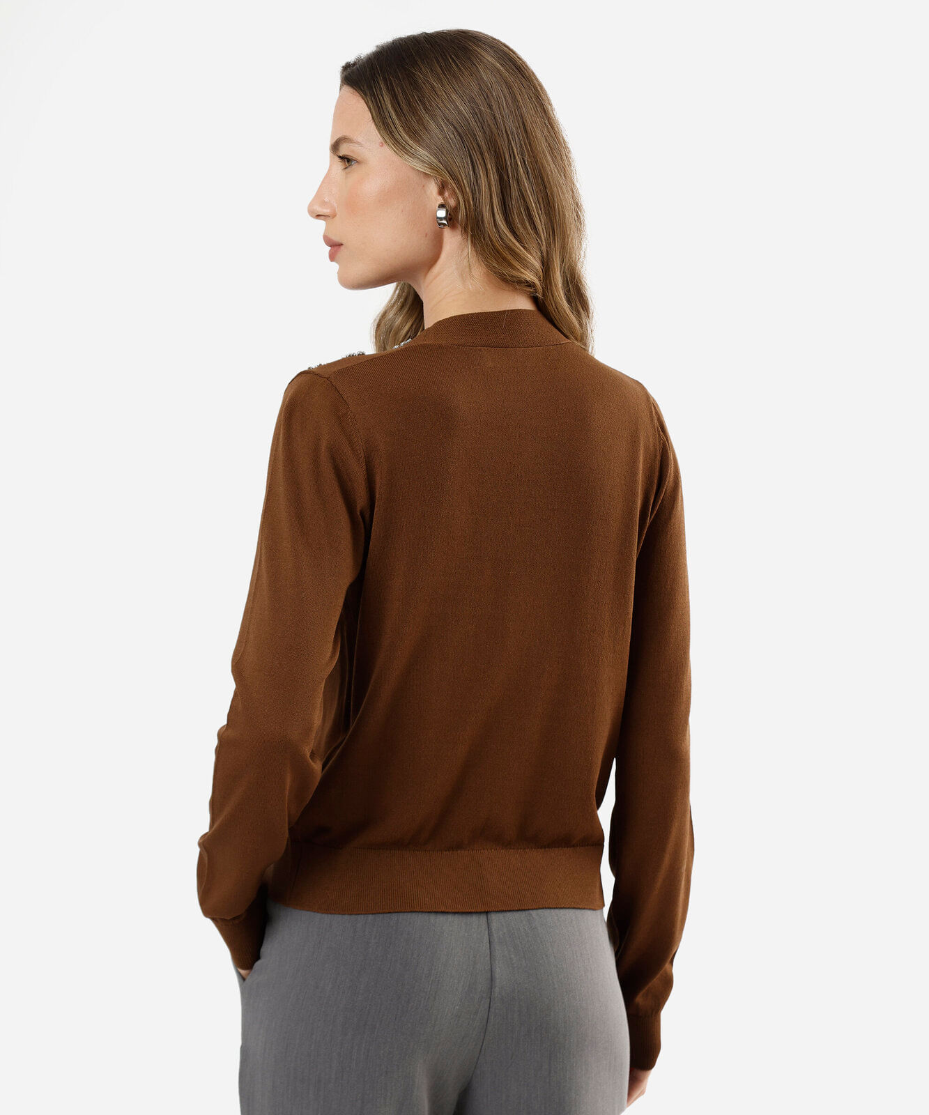 cardigan feminino de tricot com brilhos marrom