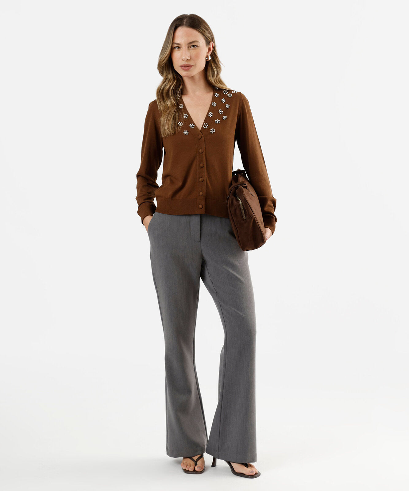 cardigan feminino de tricot com brilhos marrom
