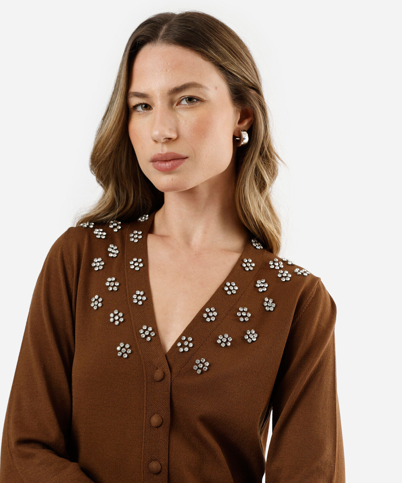 cardigan feminino de tricot com brilhos marrom
